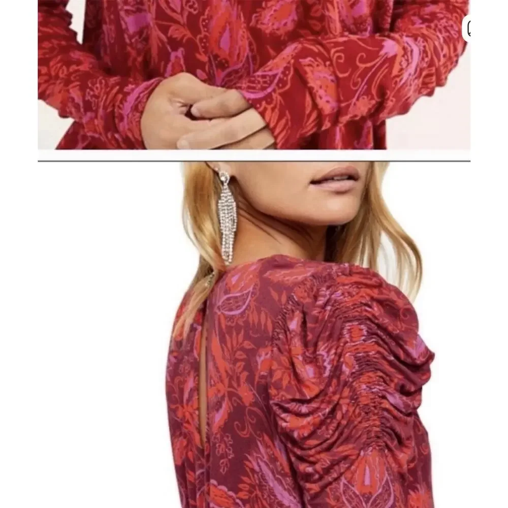 Free People Hello Lover Tunic Top XS Scarlet Combo Red V-Neck Puff Sleeve Boho